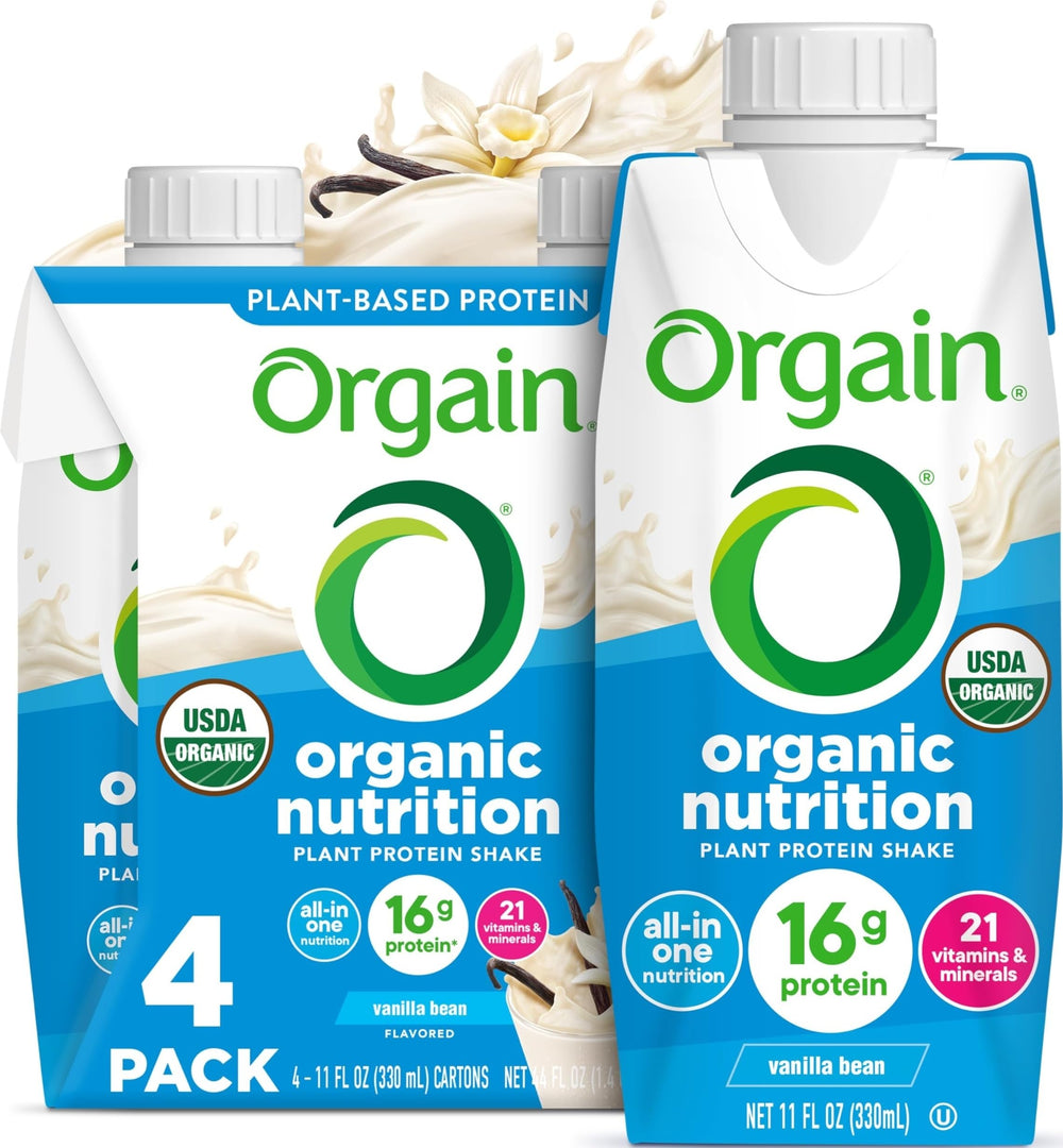 Orgain front packaging showing vanilla shake and quick nutrition