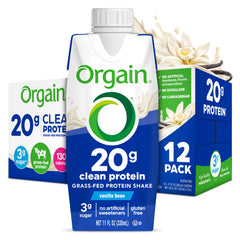 Orgain vanilla front packaging showing bottle and branding for quick grab-and-go protein