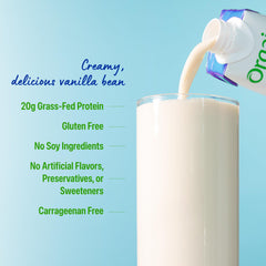 Orgain vanilla nutrition label close-up displaying 20g protein and clean ingredients