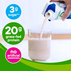 Orgain vanilla being poured into a glass to show creamy consistency and ready use