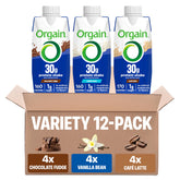 Orgain variety pack front packaging showing all three flavors and portability benefit