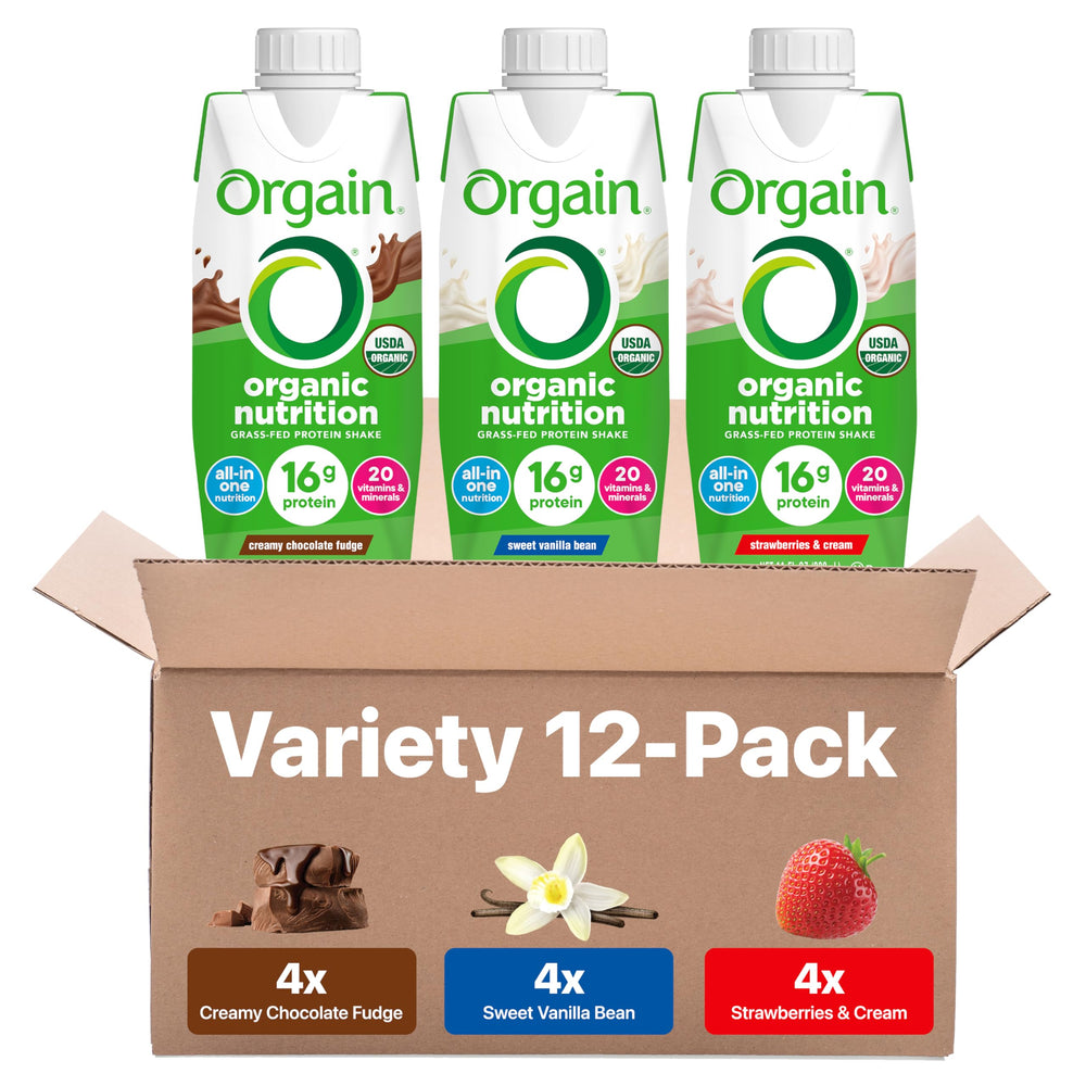 Orgain variety pack front view showing four flavored bottles, convenient nutrition