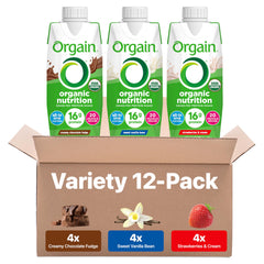 Orgain variety pack front view showing four flavored bottles, convenient nutrition