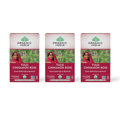 ORGANIC INDIA front pack showing tulsi cinnamon rose tea benefits