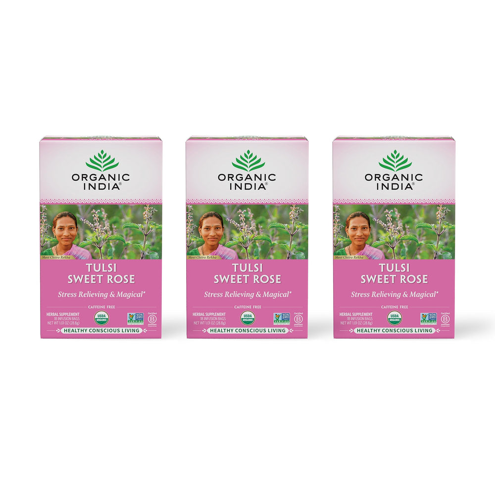 ORGANIC INDIA front packaging showing three-pack and floral artwork for calming benefit
