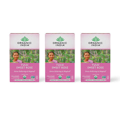 ORGANIC INDIA front packaging showing three-pack and floral artwork for calming benefit
