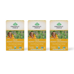 ORGANIC INDIA front packaging showing tea boxes and calming branding for easy recognition