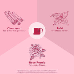 ORGANIC INDIA loose herb mix with cinnamon and rose petals showcasing ingredients