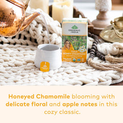 Close-up of ORGANIC INDIA tea bag tag and string highlighting convenience and single-serve freshness