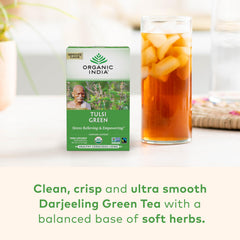 ORGANIC INDIA brewed cup with steam showing refreshing balanced flavor