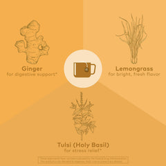 ORGANIC INDIA loose tulsi, lemongrass, and ginger pieces displayed for ingredient transparency
