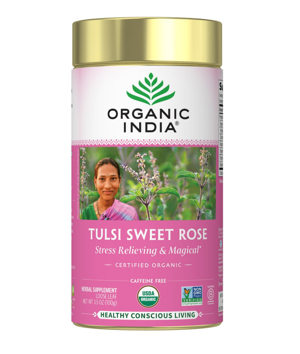 ORGANIC INDIA front canister view showing branding and organic label benefit freshness