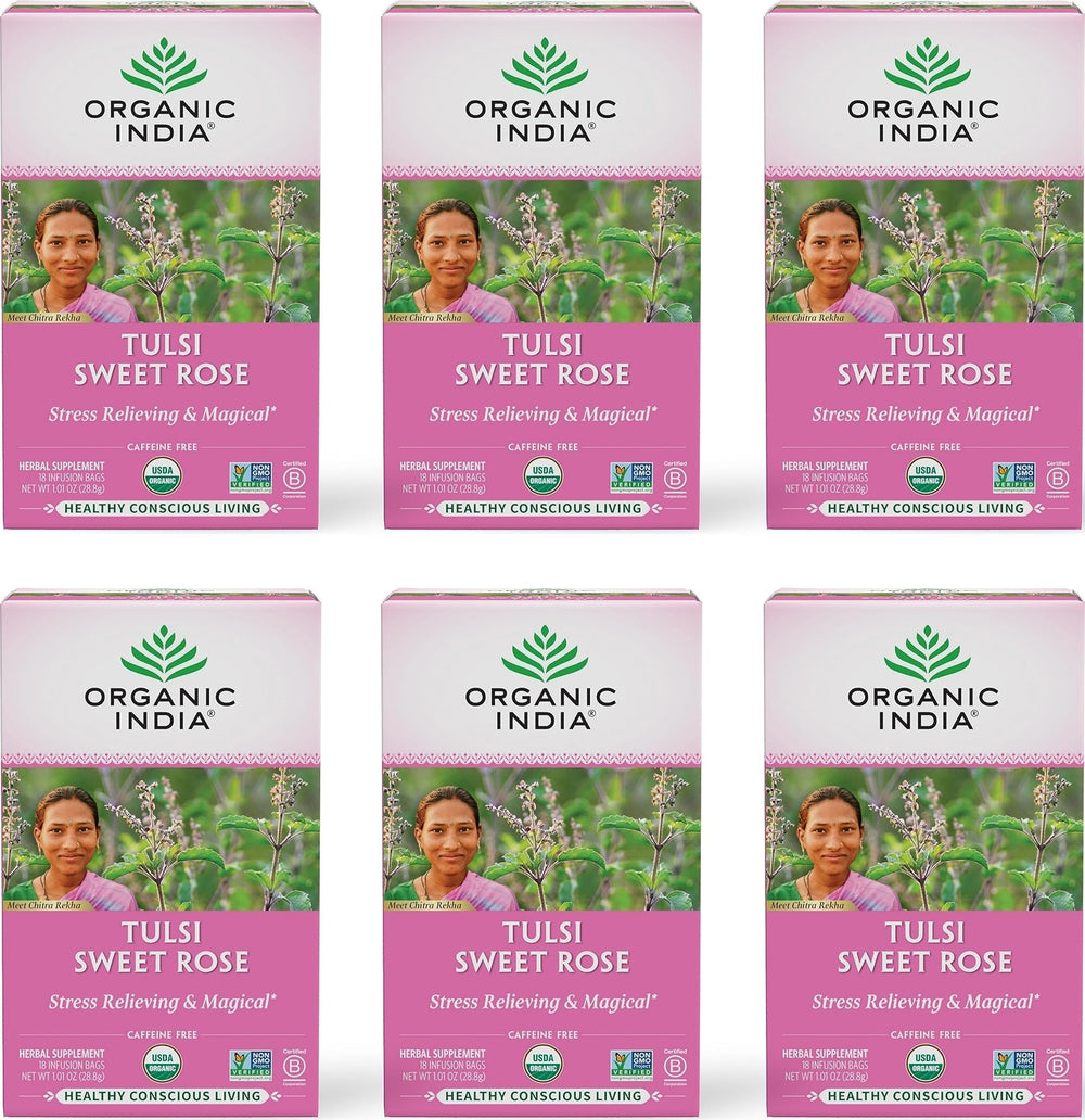 Organic India front packaging showing Sweet Rose tea and benefits