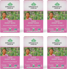 ORGANIC INDIA front packaging showing Sweet Rose tea offering calming relaxation