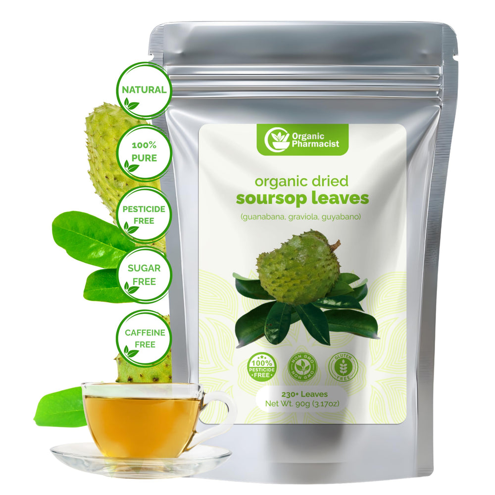 Organic Pharmacist front pack showing whole soursop leaves and resealable pouch for freshness