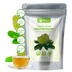 Organic Pharmacist front pack showing whole soursop leaves and resealable pouch for freshness