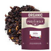 Organic Positively brand front packaging showing 16 oz cascara and clear label, clear product view benefits brewing