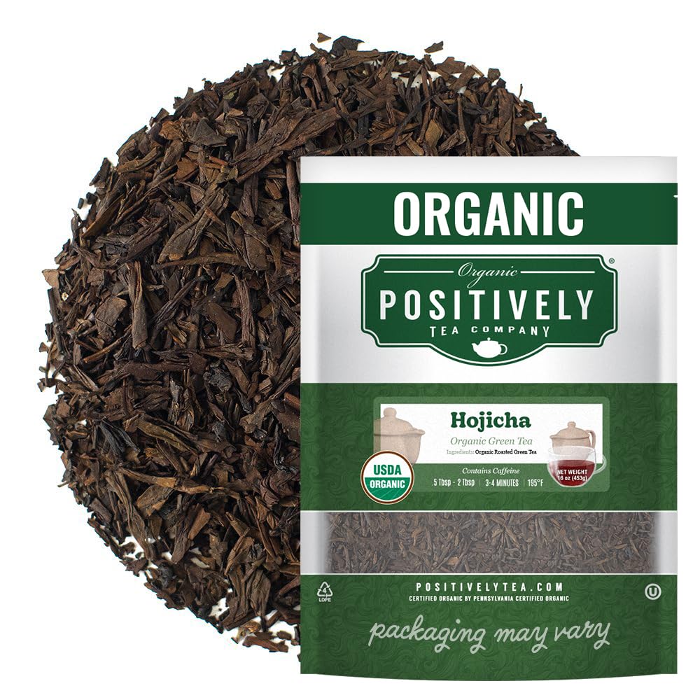 Organic Positively Tea front packaging showing hojicha 16 oz and organic badge