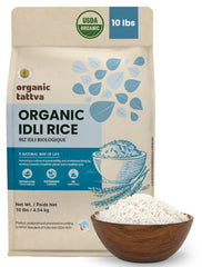 Organic Tattva front packaging showing 10 lb bag and certification benefits