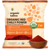 Organic Tattva front packaging showing 7 oz jar and bright red powder for reliable kitchen spice