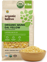 Organic Tattva front packaging showing 4 lb vacuum-sealed bag and branding benefits