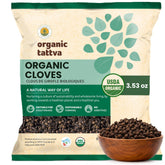 ORGANIC TATTVA front packaging showing fresh whole cloves and certification benefit