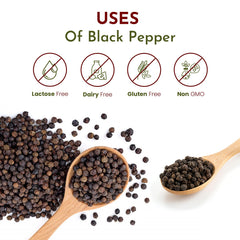 Organic Way peppercorns being poured into a grinder showing ease of use and adjustable grind benefit