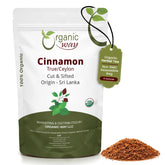 Organic Way front packaging showing 4 oz true Ceylon cinnamon, quality assurance
