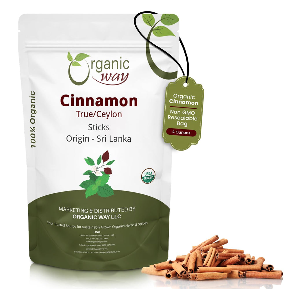 Organic Way front packaging showing 4 oz true Ceylon cinnamon sticks and clarity