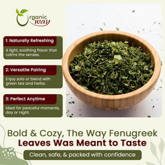 Organic Way fenugreek leaves in bowl beside ingredients for cooking convenience