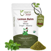 Organic Way front packaging showing 4 oz lemon balm leaves and clear labeling for freshness