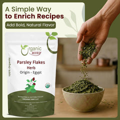 Organic Way flakes on a measuring spoon showing easy portioning benefit
