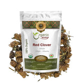 Organic Way front packaging showing 2 oz red clover blossoms and freshness appeal