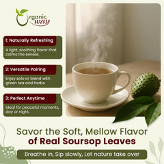 Brewed soursop tea in a cup with steam, Organic Way leaves showing calming warm beverage