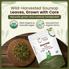 Soursop leaves steeping in a clear teapot by Organic Way, demonstrating easy home brewing