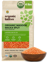 Organic Tattva front packaging showing 4 lb vacuum-sealed lentils and pantry-ready benefit