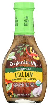 Organicville front bottle shot highlighting salt-free Italian dressing benefits