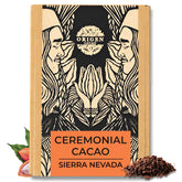 Origen Cacao front packaging showing pure ceremonial cacao and single-origin benefit