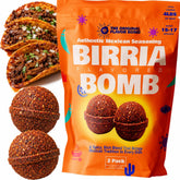 Original Flavor Bomb front packaging shows two birria seasoning bombs and clear branding benefit convenience