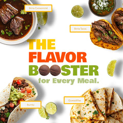 Original Flavor Bomb shredded birria tacos plated with consomé demonstrate juicy, flavorful filling