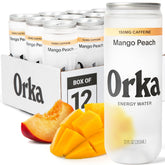 Orka can front view showing mango peach branding and bright, refreshing look