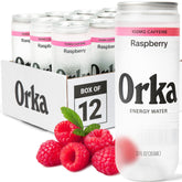 Orka can front view showing raspberry design and clean energy branding for grab-and-go focus