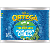 Ortega front packaging showing mild fire roasted diced green chiles, adds smoky flavor