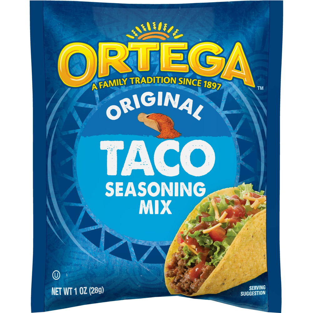 Ortega front packaging showing 12 taco seasoning packets for convenience