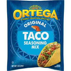Ortega front packaging showing 12 taco seasoning packets for convenience
