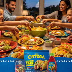 Ortega mini taco shells filled on platter with toppings demonstrating party-ready serving