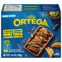 Ortega mini taco shells front packaging showing brand and crunchy shells for quick meals