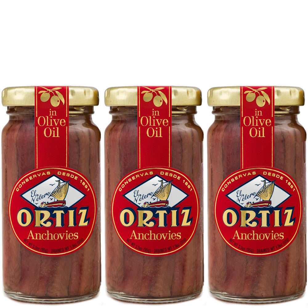 Ortiz anchovies front glass jar showing premium packaging and ready-to-serve benefit
