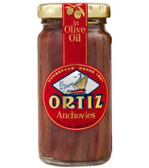 Ortiz jar front view showing fillets in oil, showcasing premium presentation and convenience
