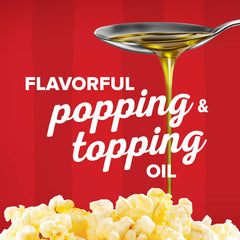 Close-up of Orville Redenbacher's label detailing buttery flavor and pairing benefit